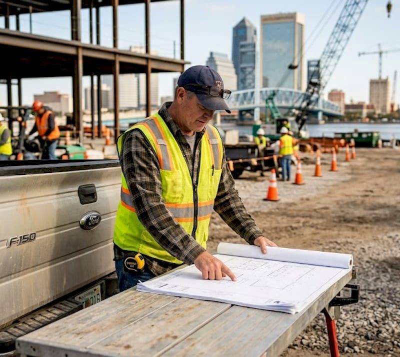 Commercial construction guide for Jacksonville homeowners 2026 Site supervisor reviews blueprints at Jacksonville construction site