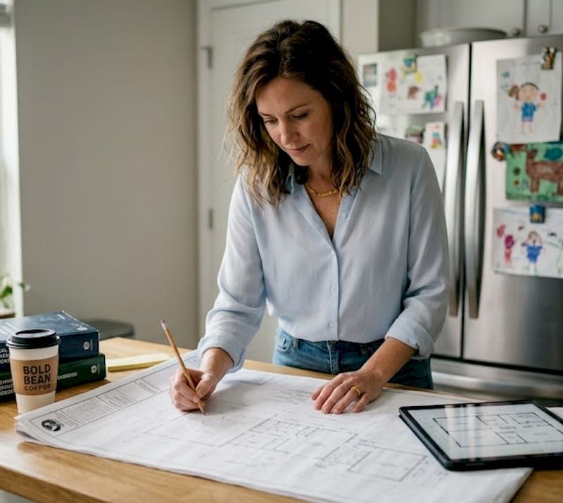 Essential construction planning tips for Jacksonville homes Architect reviews home blueprints in Jacksonville kitchen