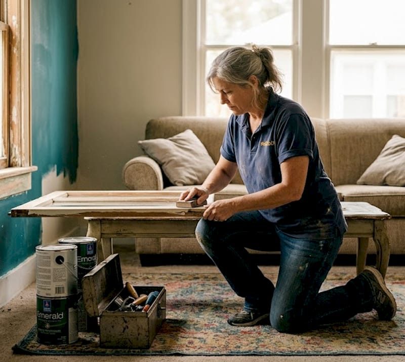 Homeowner sanding window frame in living room