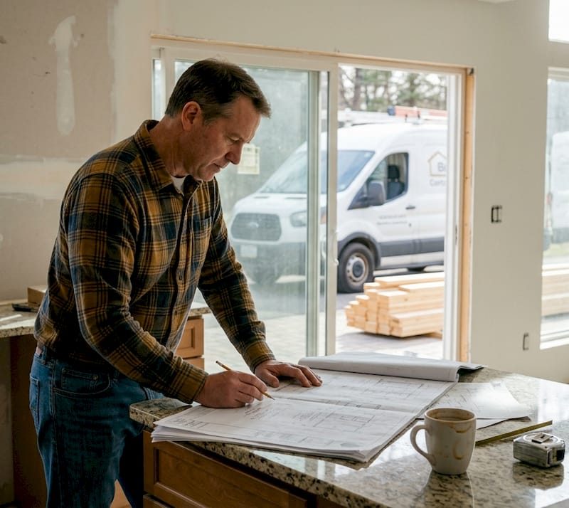 Homeowner reviewing upgrade plans during renovation