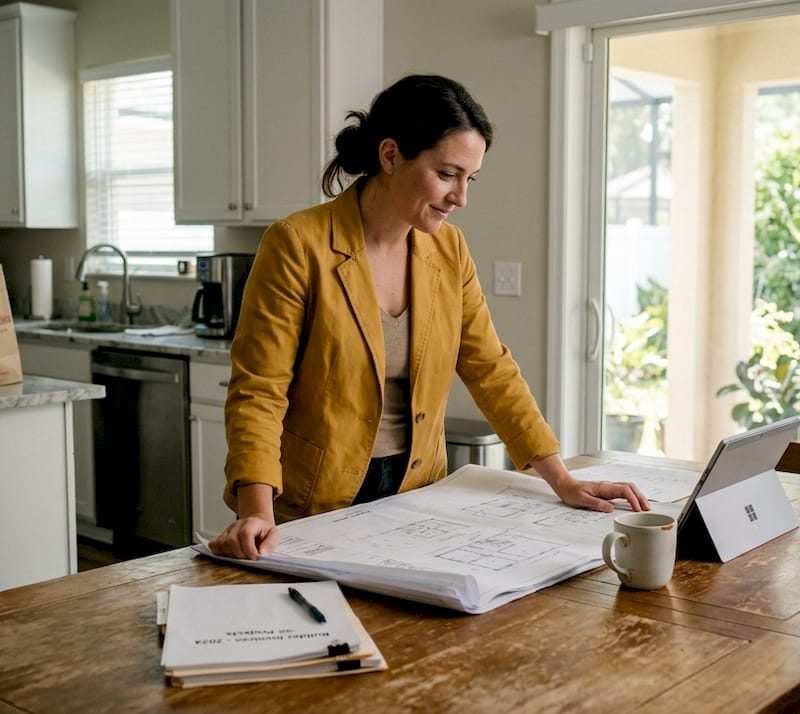 Construction project lifecycle guide for Jacksonville homes Project manager reviewing blueprints at kitchen table