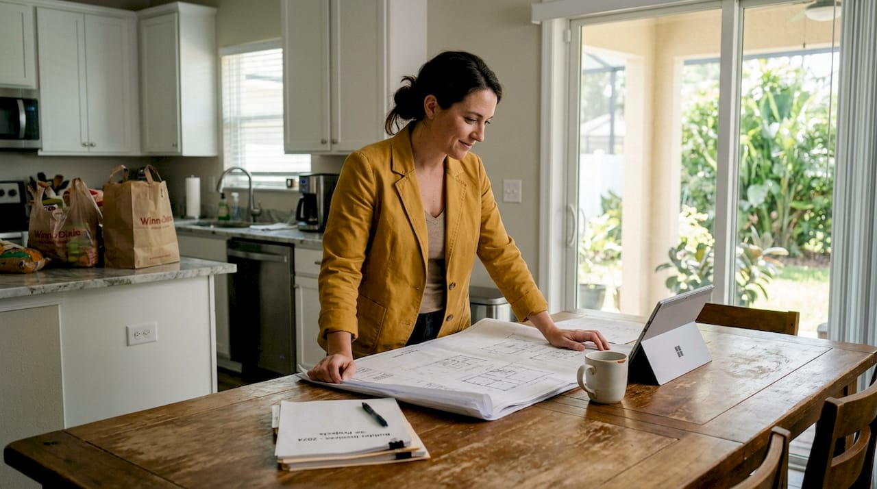 Project manager reviewing blueprints at kitchen table