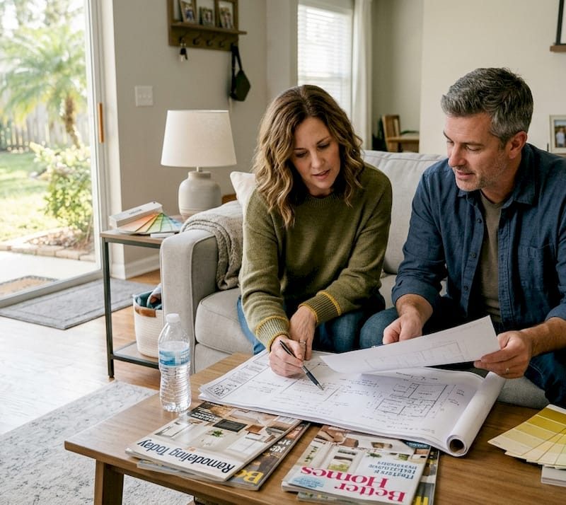 Couple reviewing home remodel plans