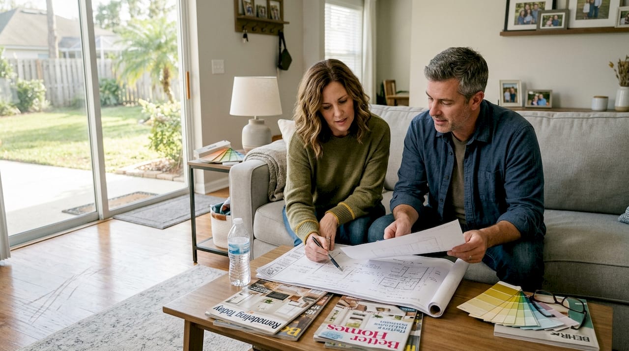 Couple reviewing home remodel plans