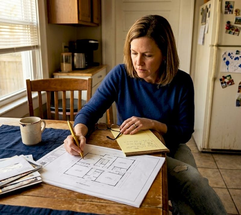 Woman reviewing renovation plans at kitchen table