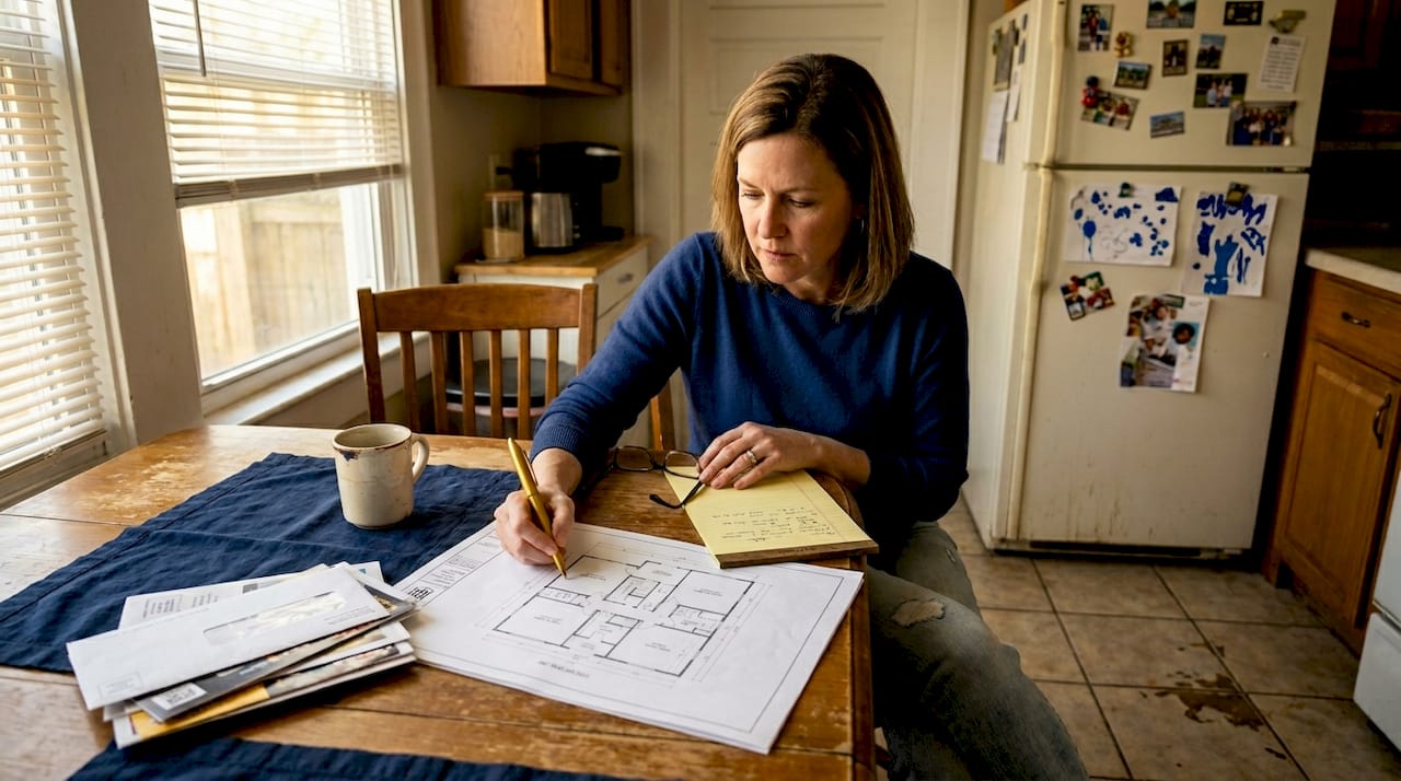 Woman reviewing renovation plans at kitchen table