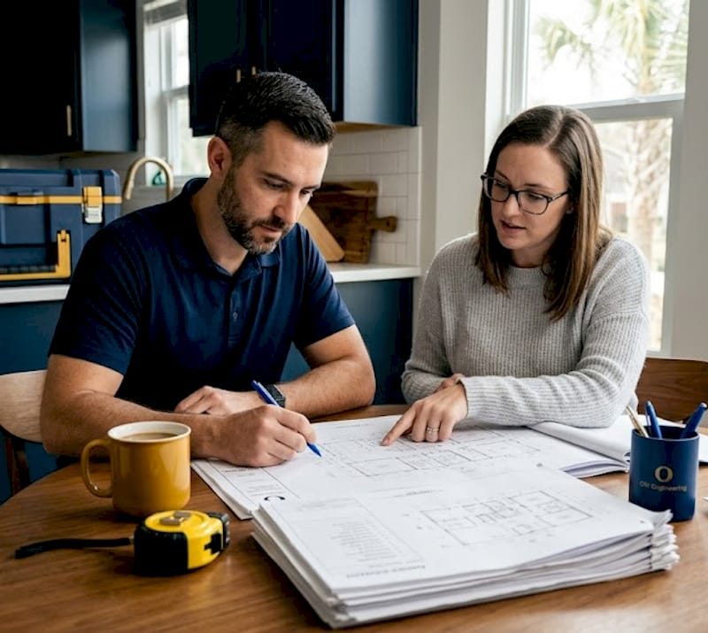 Construction project management checklist for Jacksonville homeowners Homeowners reviewing construction project documents
