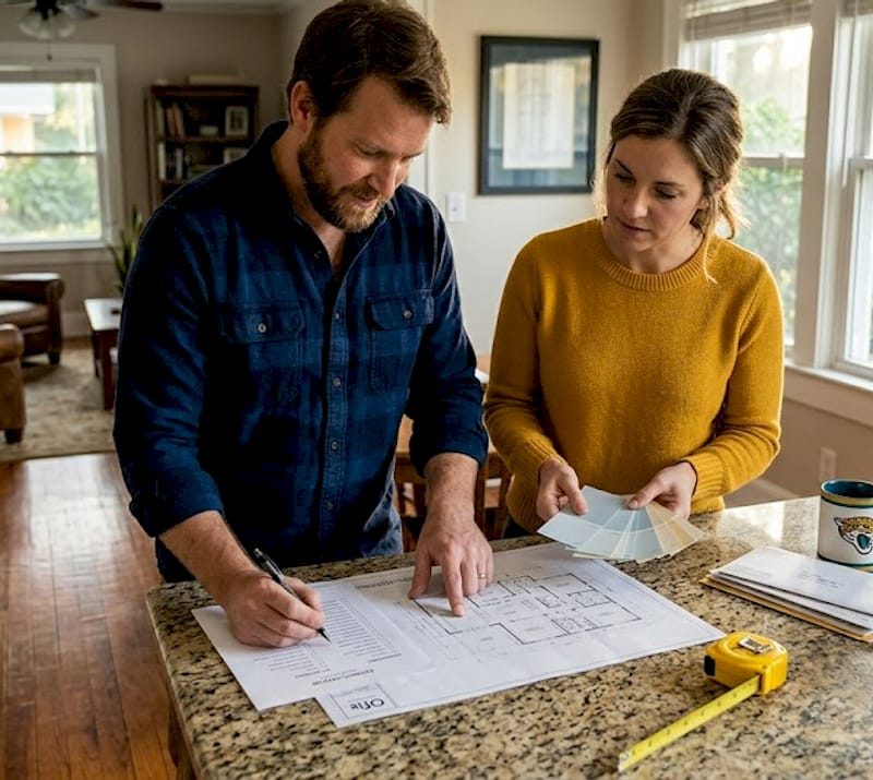Couple planning home remodel in kitchen