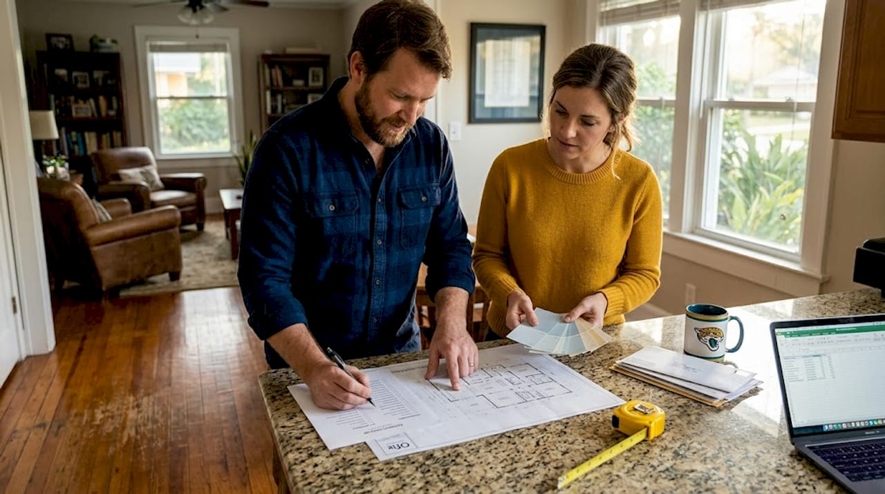 Couple planning home remodel in kitchen