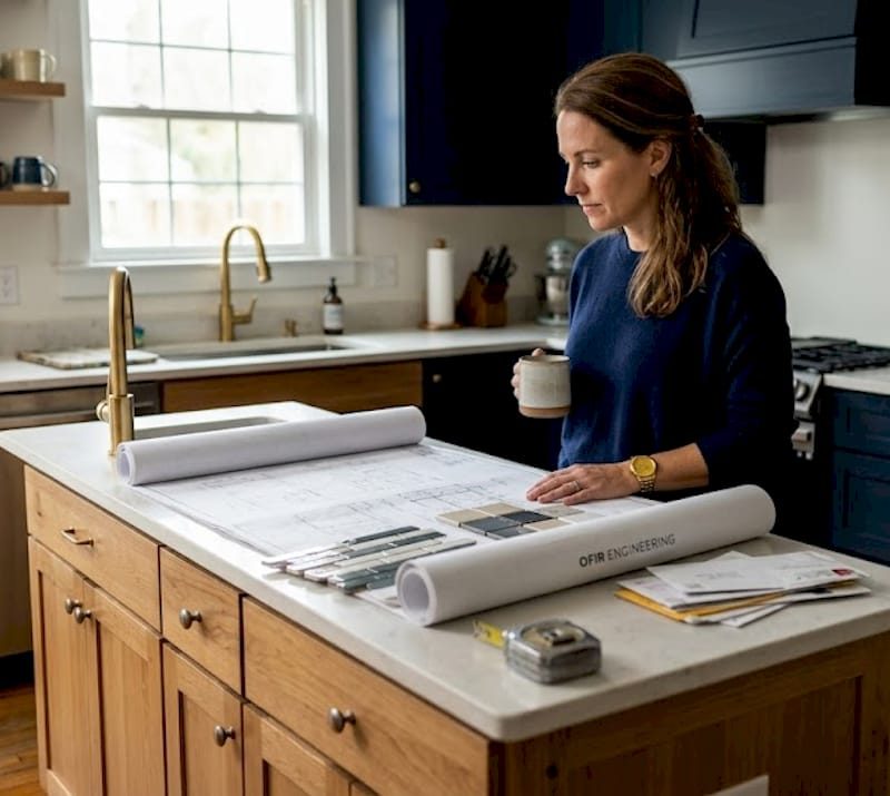 Homeowner reviews remodeling plans in kitchen