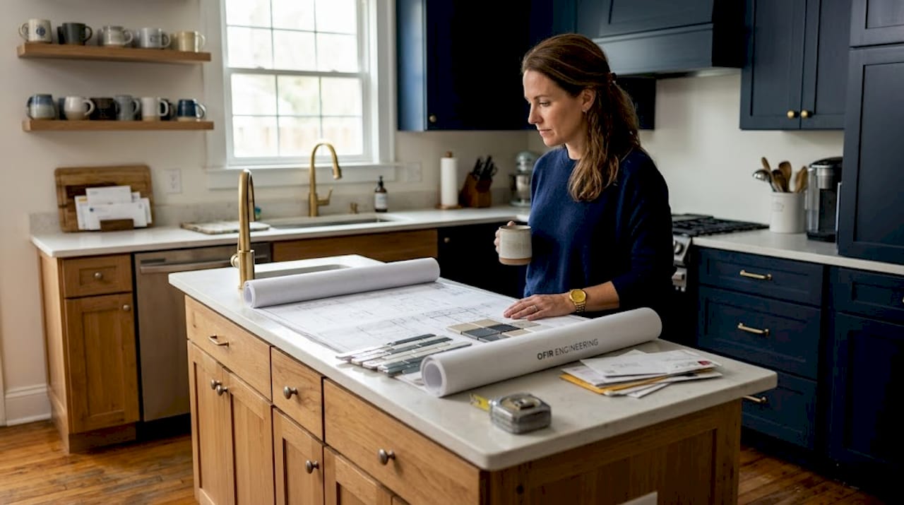 Homeowner reviews remodeling plans in kitchen
