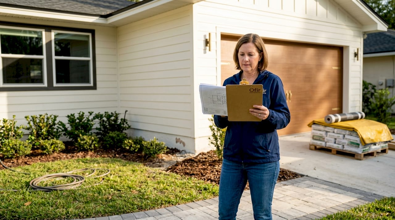 Homeowner reviewing renovation plans outside
