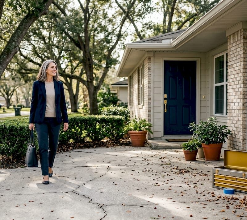 Boost home value and comfort: Remodeling in Jacksonville Homeowner walking to freshly renovated Jacksonville house