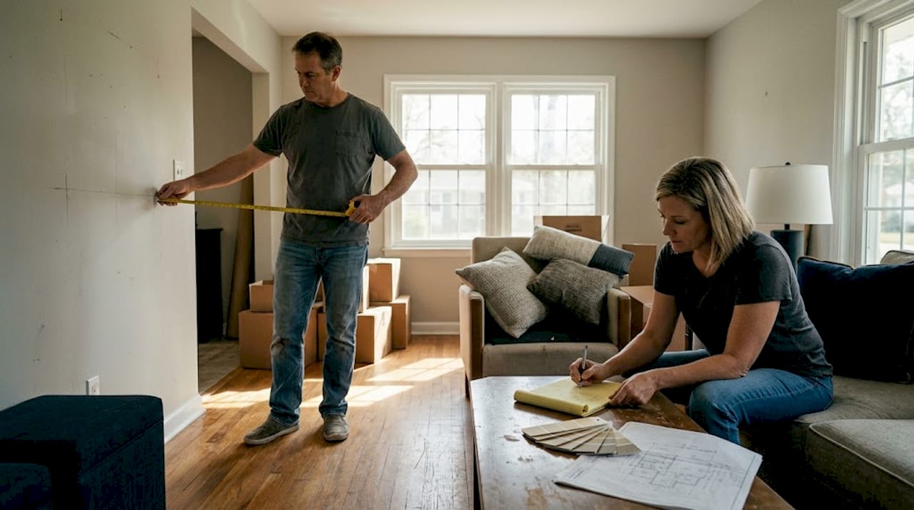 Homeowners planning remodel in lived-in living room