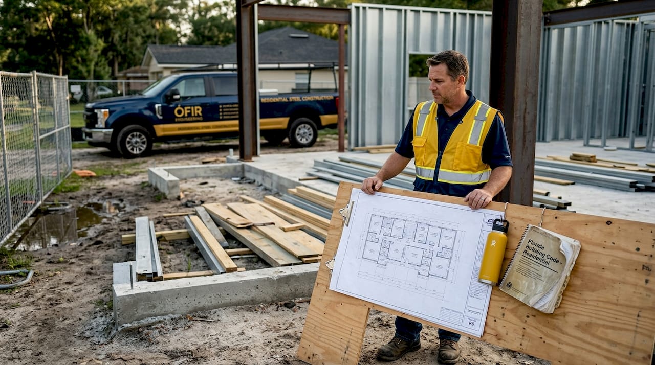 General contractor reviews residential construction blueprints