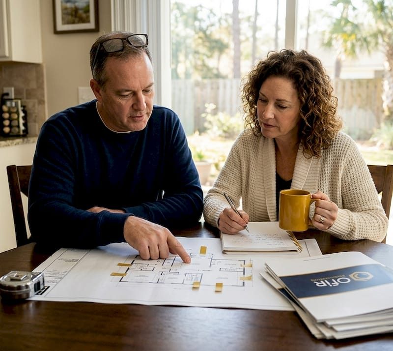 Couple planning home remodel at kitchen table