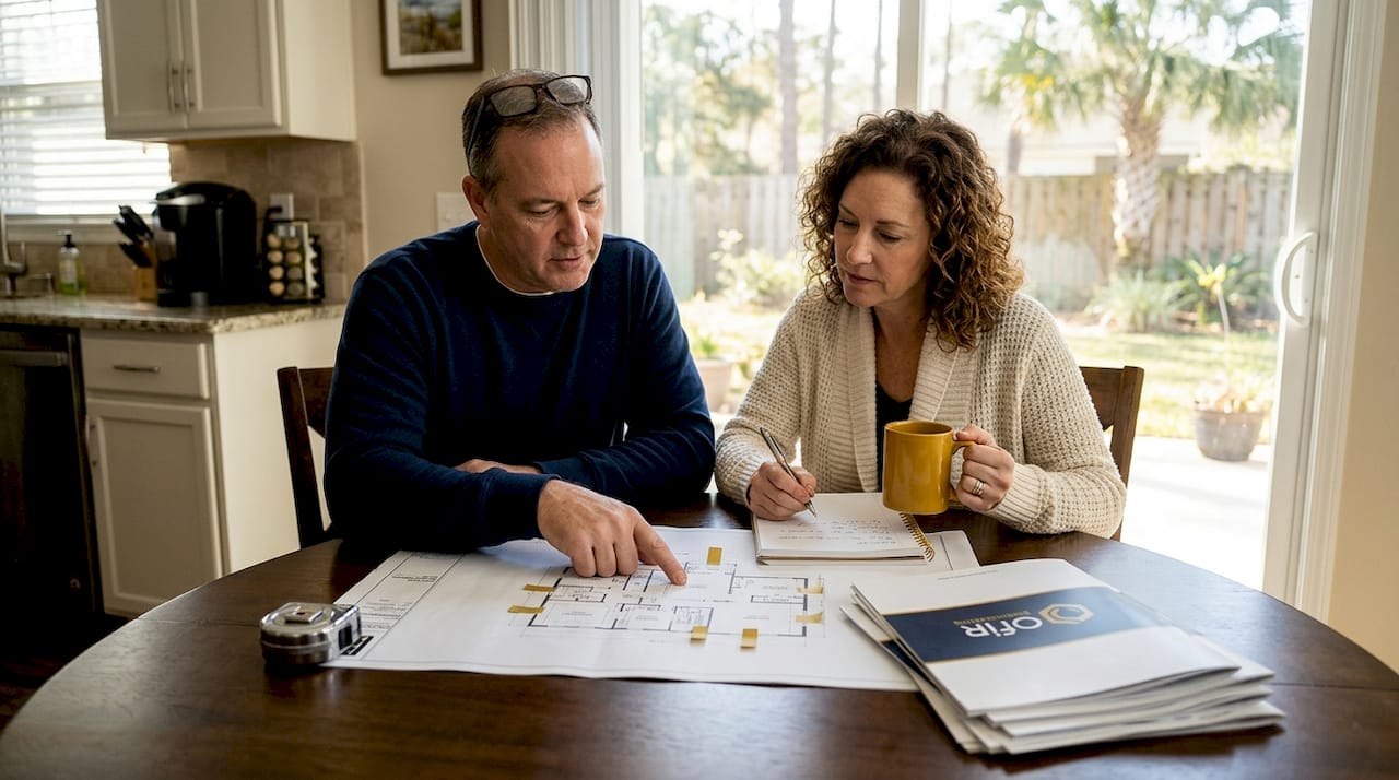 Couple planning home remodel at kitchen table