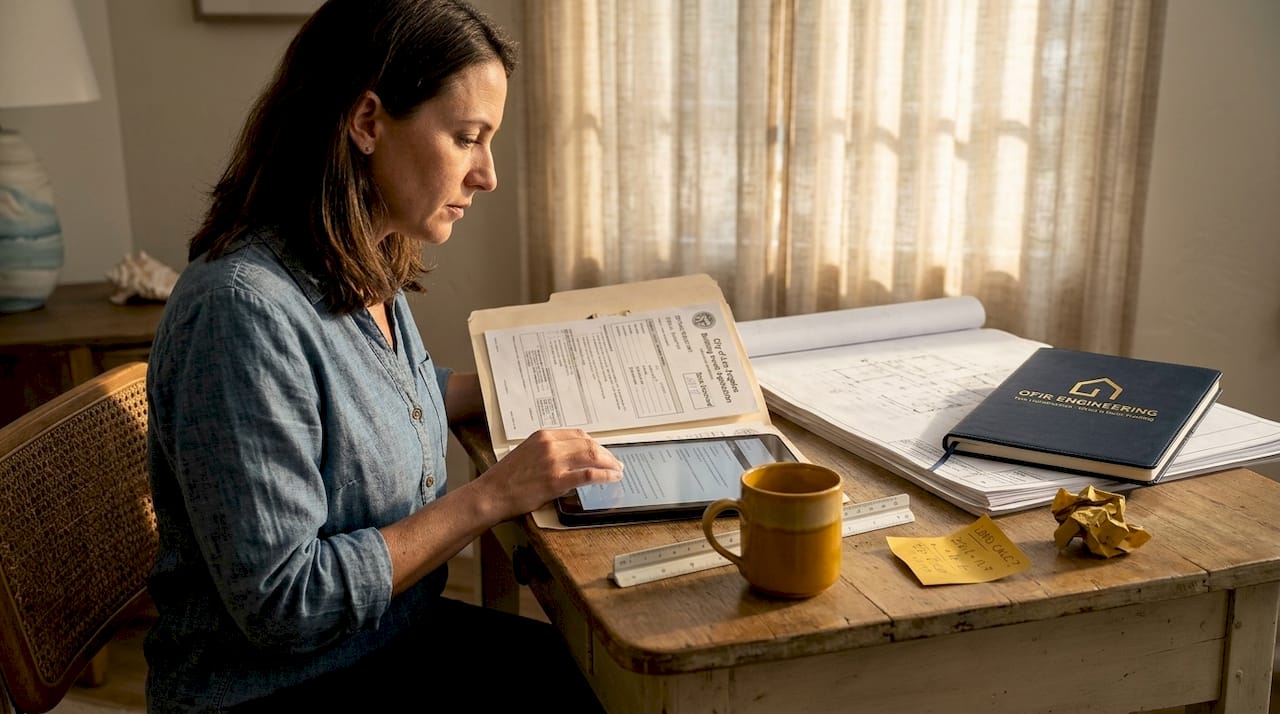 Homeowner reviews renovation permits at dining table