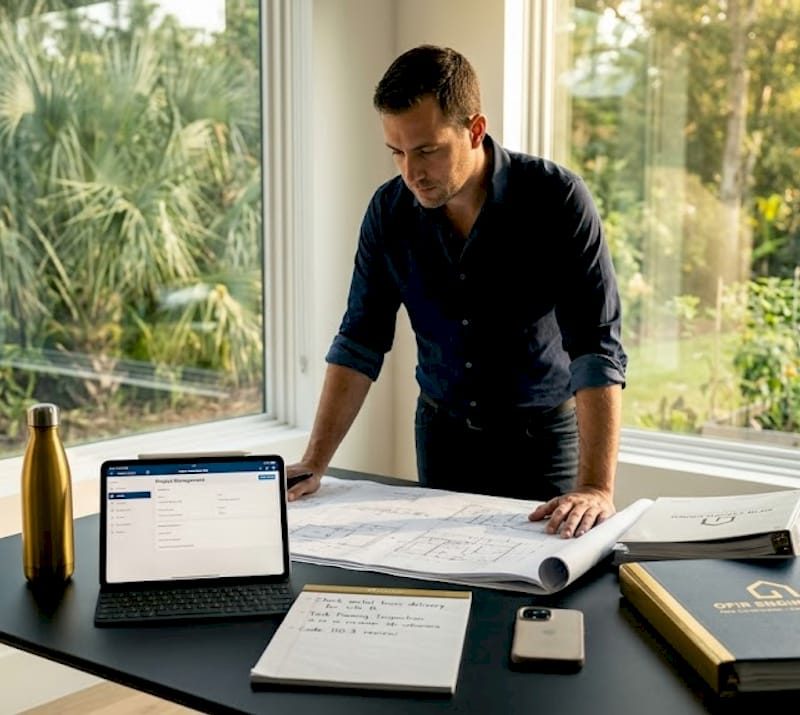 Construction project management guide for Jacksonville homes Project manager reviewing blueprints in home office