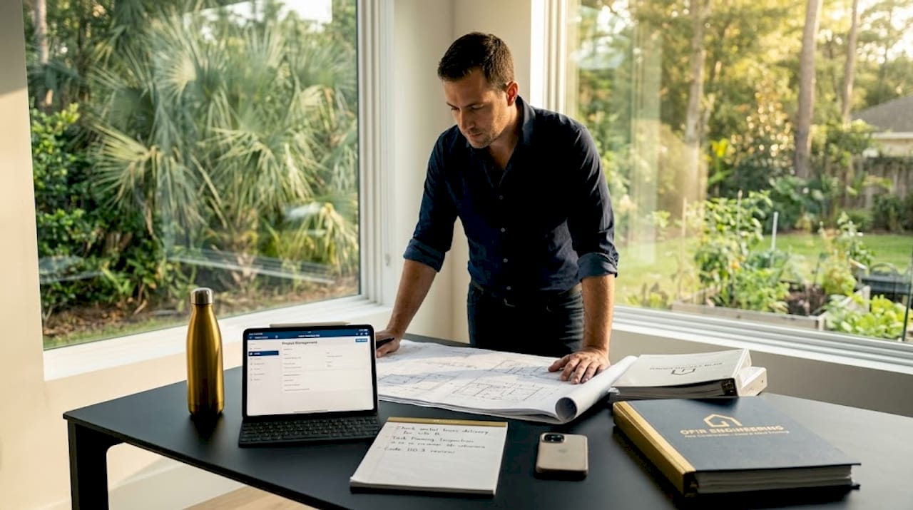 Project manager reviewing blueprints in home office